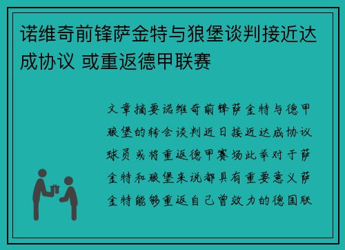诺维奇前锋萨金特与狼堡谈判接近达成协议 或重返德甲联赛