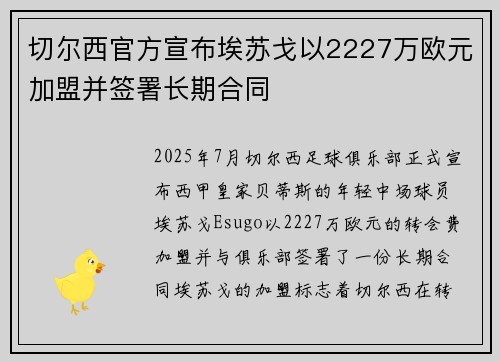 切尔西官方宣布埃苏戈以2227万欧元加盟并签署长期合同