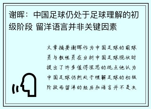谢晖：中国足球仍处于足球理解的初级阶段 留洋语言并非关键因素