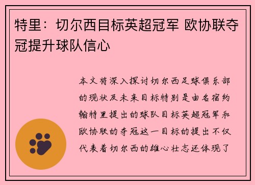 特里：切尔西目标英超冠军 欧协联夺冠提升球队信心